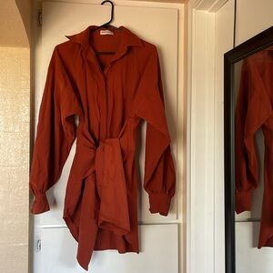 NONchalant Label Dafne Dress/long shirt Rust Orange Red Long Sleeve M tie front.